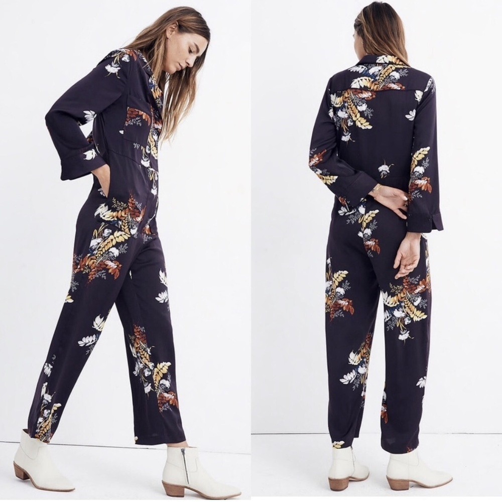 Madewell Jumpsuit Navy Floral Print Long Sleeve Collared Button Up Wide Leg